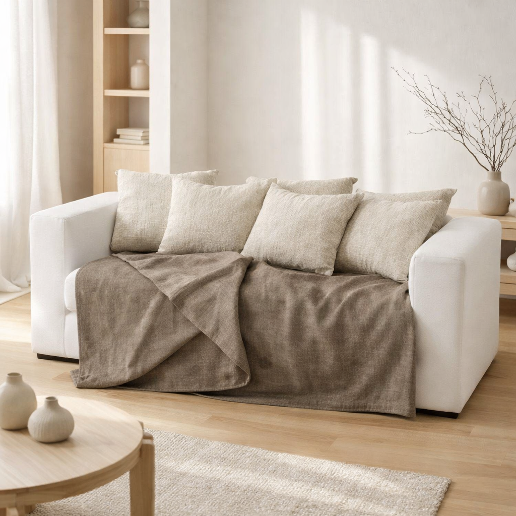 COUVERTURE J-LINE pour siège + 5 coussins monaco canapé-lin désert taupe en situation