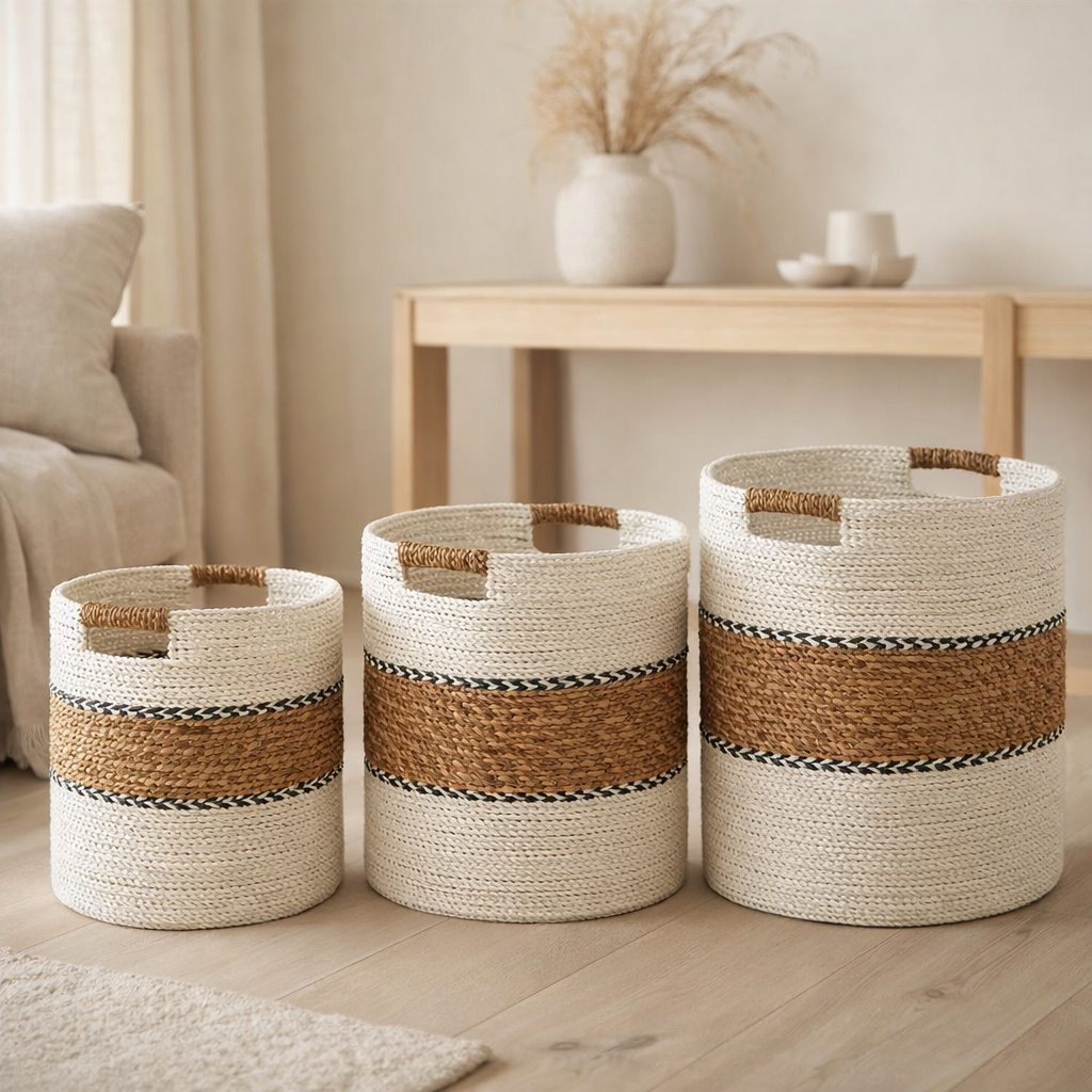 J-Line Set De Trois Paniers Laura Raphia Blanc/Naturel en situation
