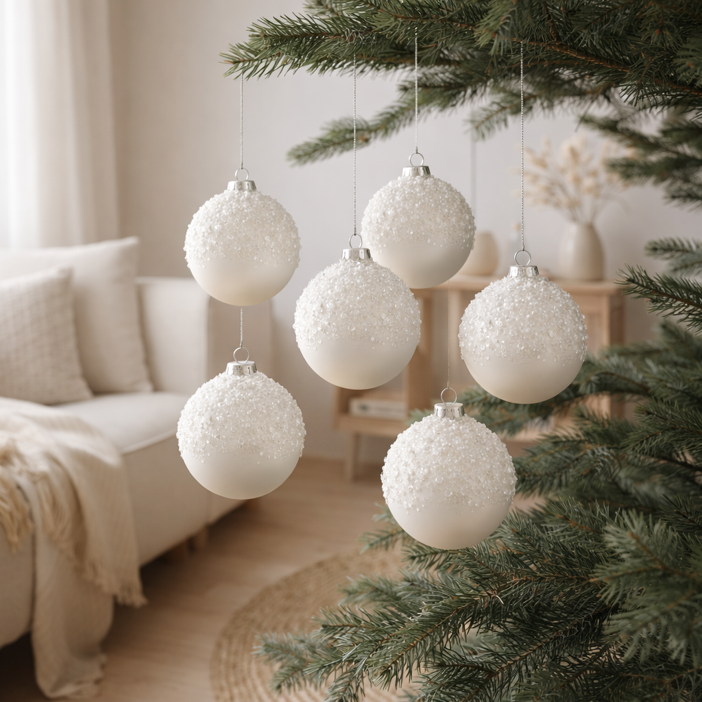 J-Line Boîte de 6 Boules de Noël Verre à Sucre Blanc Brillant Small en situation