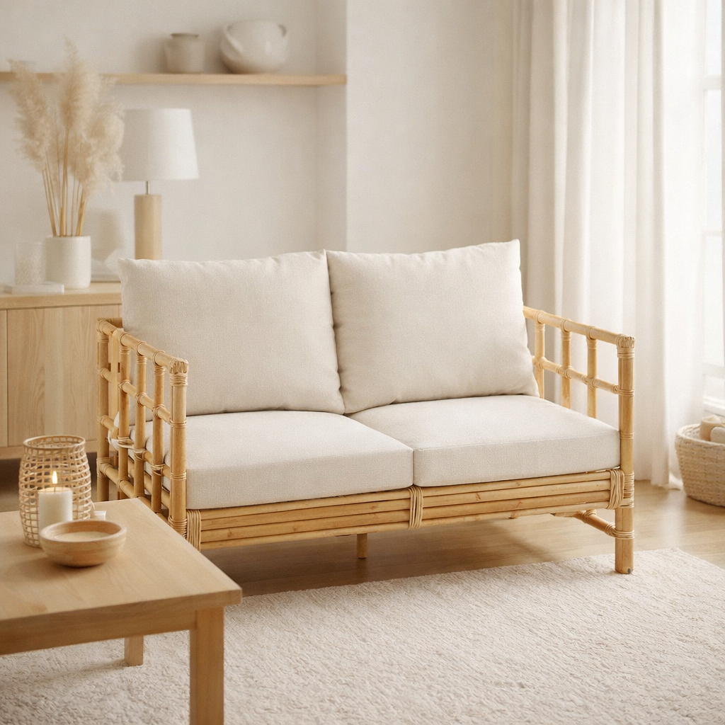 Canapé J-Line Elise + coussin 2 personnes - rotin/textile - naturel/blanc en situation