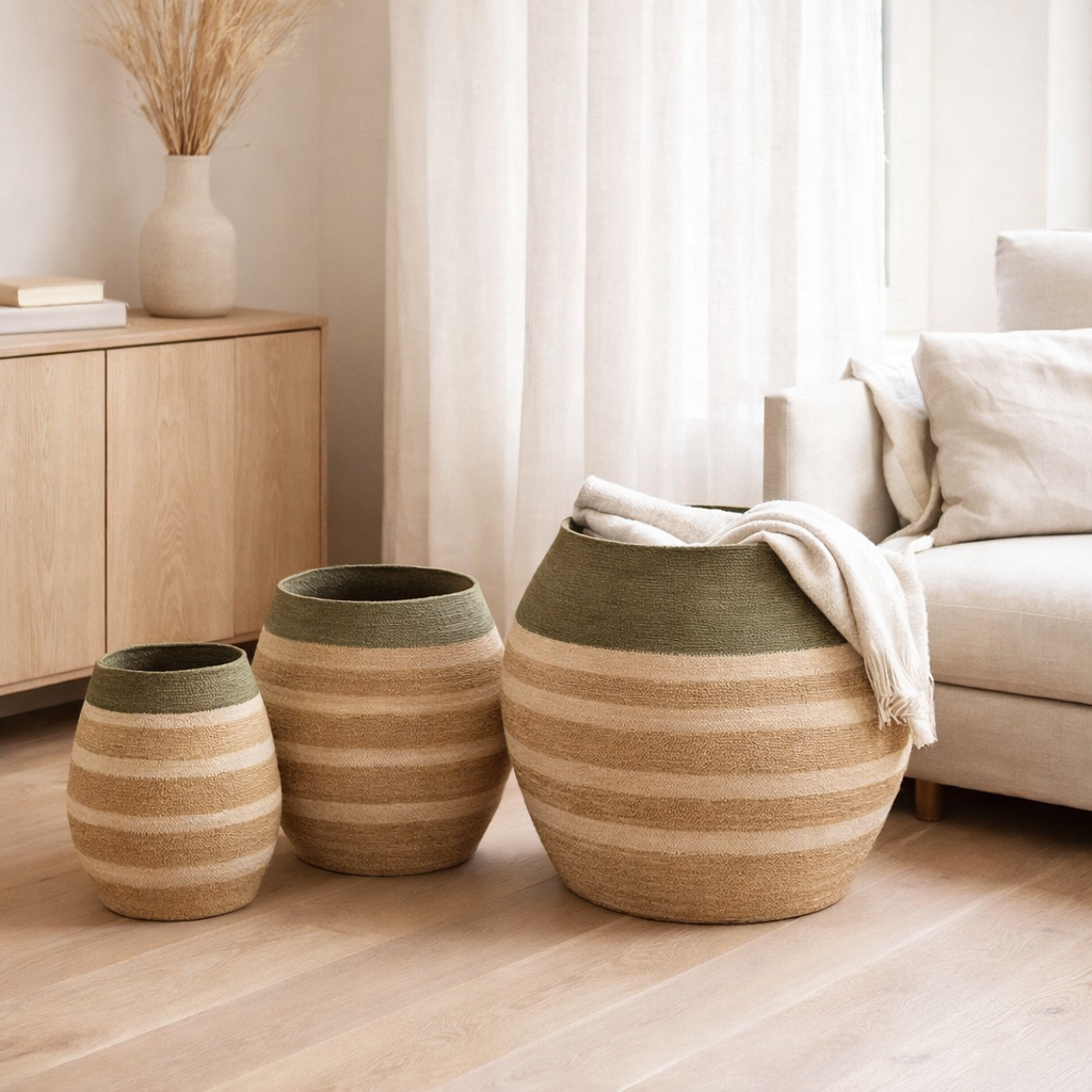 J-Line Lot de 3 Paniers Stripes Seagrass Vert/Naturel en situation