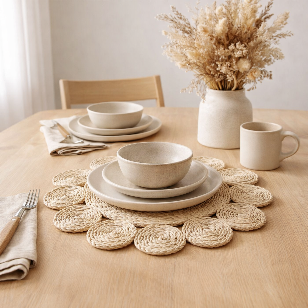 J-Line Round Flower set de table - jute - naturel en situation