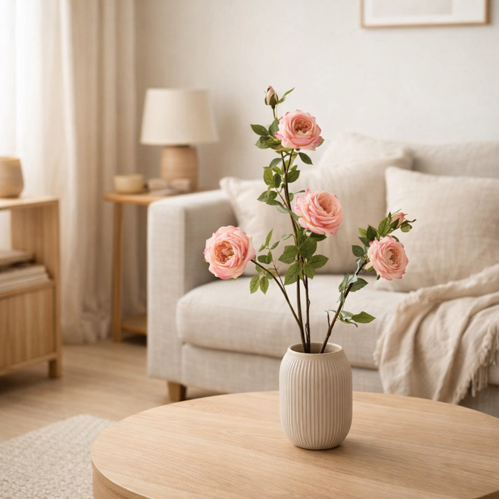 J-Line Rose 4 Pièces + Feuilles Plastique Rose en situation