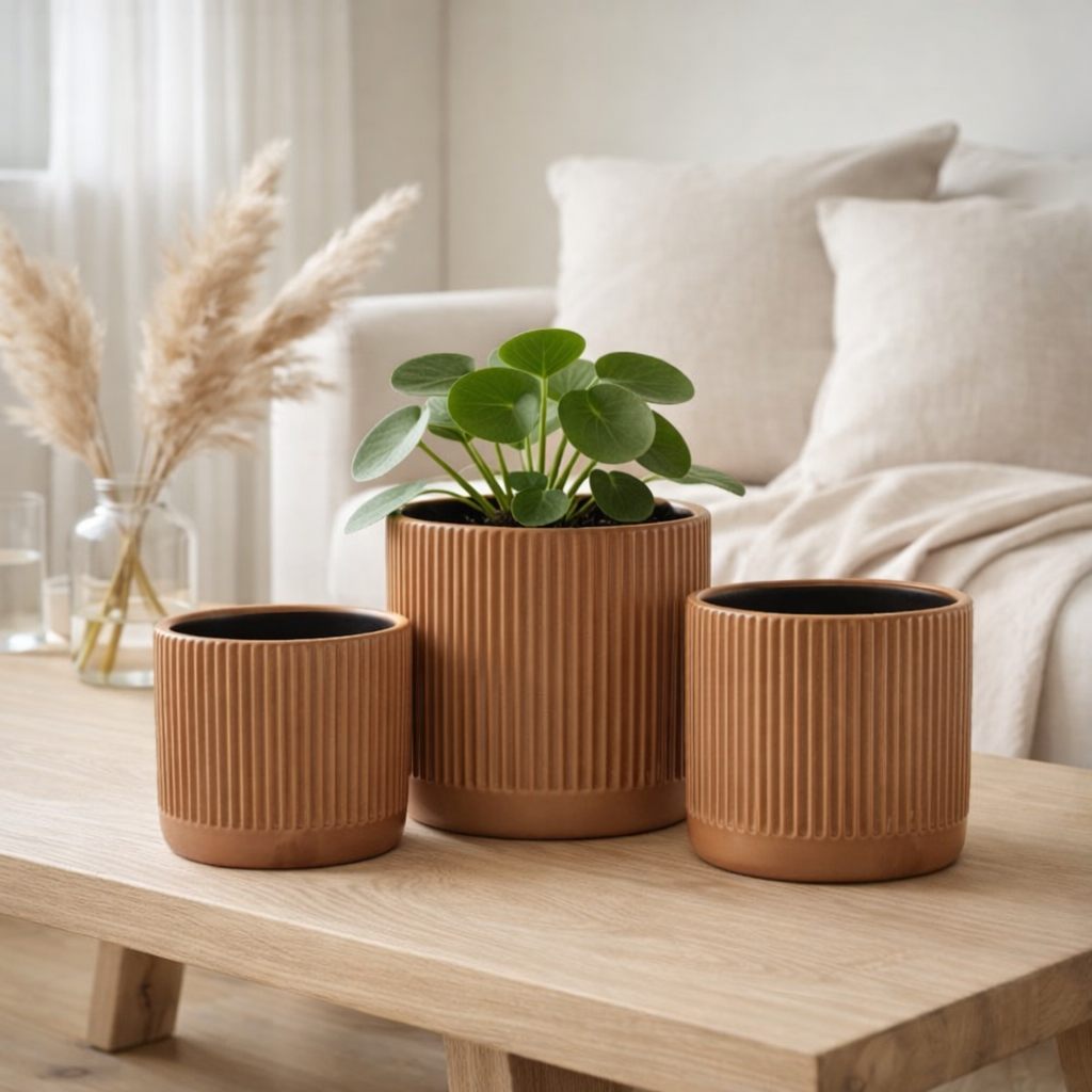 J -line Flowerpot Line - Ceramics - Orange / Beige - Grand - Ø 17,5 cm en situation