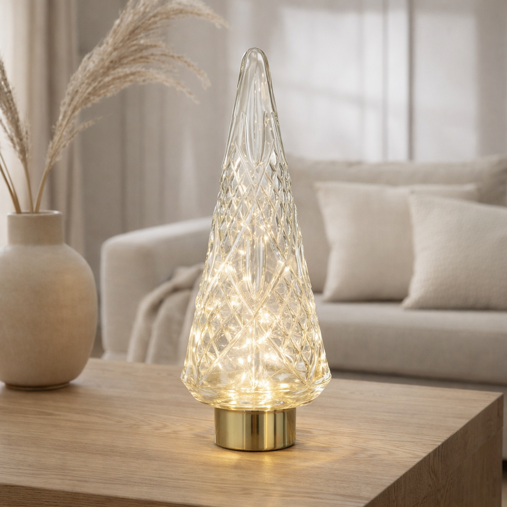 Décoration J-Line Sapin de Noël - verre - transparent - grand - lumières LED en situation