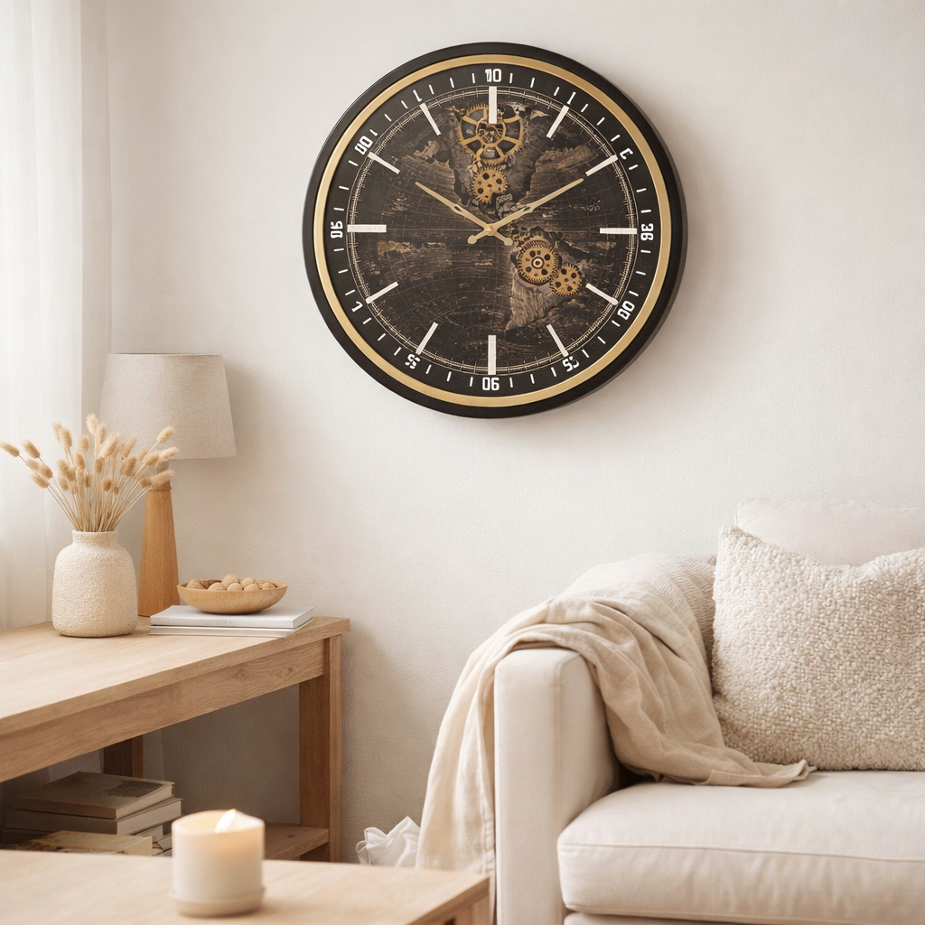J - Clock World Map - Wood - Gold / Black - Small - Ø 48 cm en situation