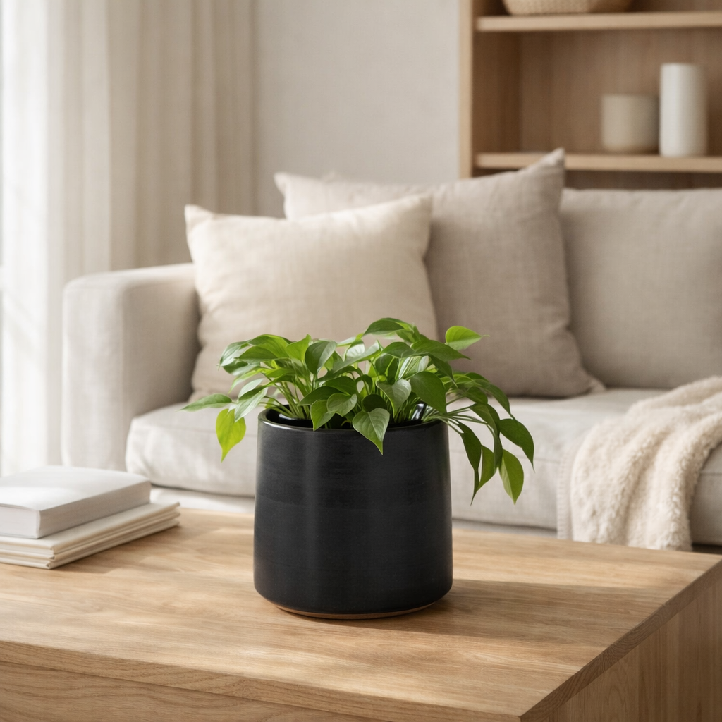 Pot de fleur J-Line Rond - céramique - noir - petit - Ø 18 cm en situation