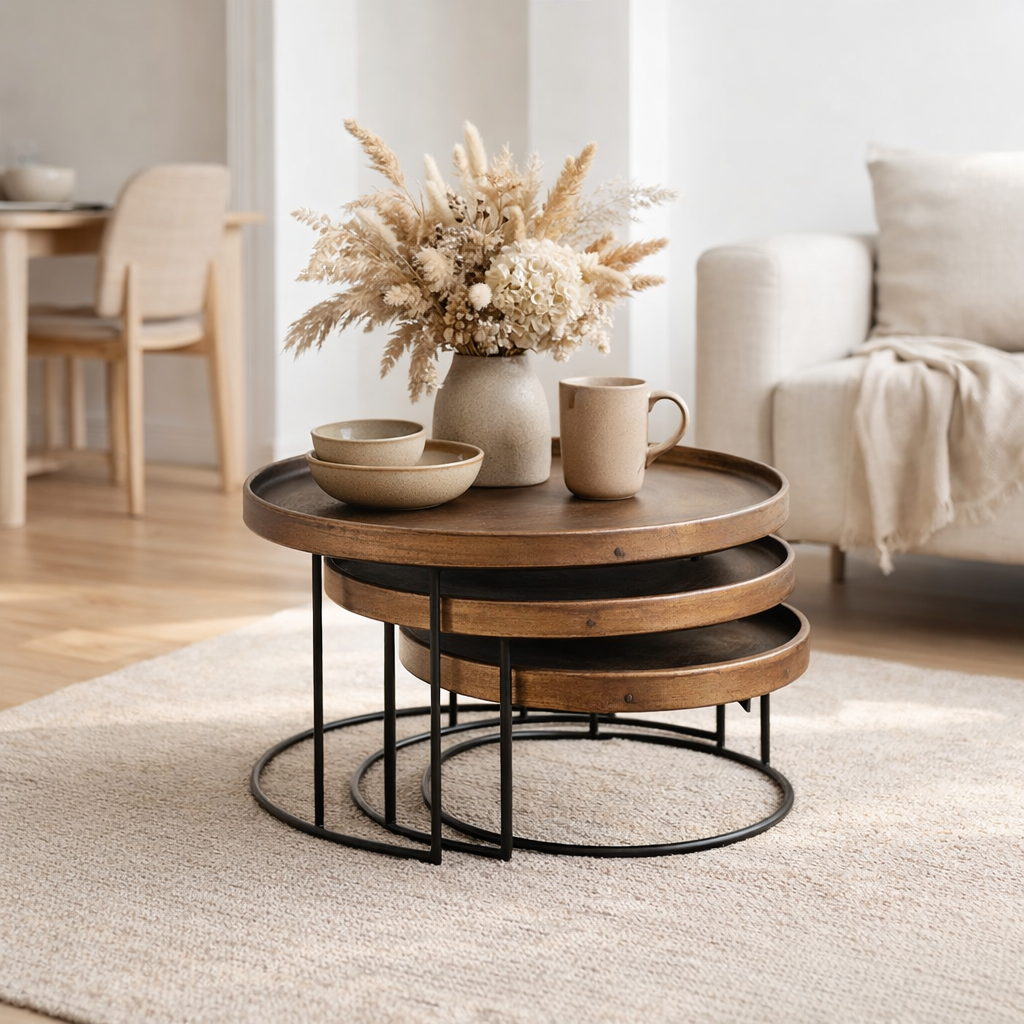 Table d'appoint J-Line Round - aluminium - rouille - lot de 3 en situation