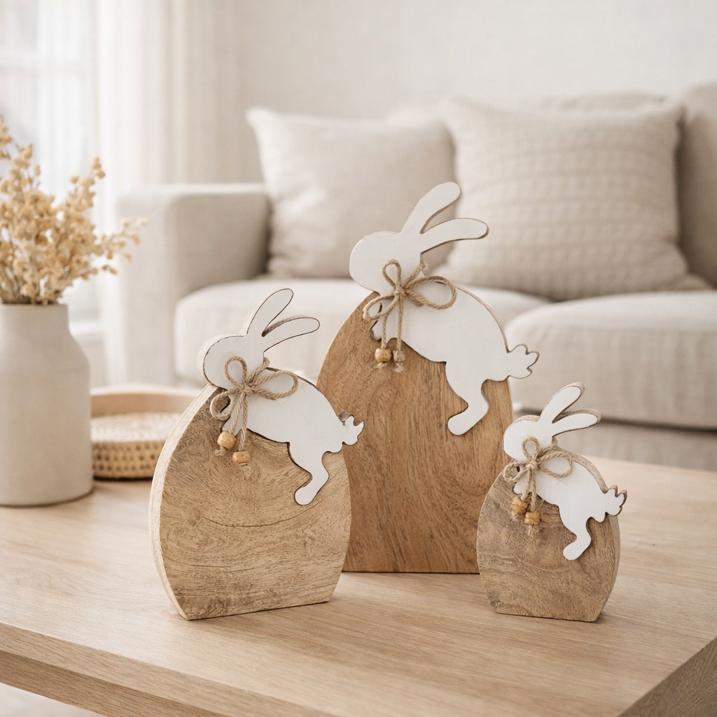 J-Line décoration Puzzle Lapin sur Oeuf - bois - naturel/blanc - grand en situation