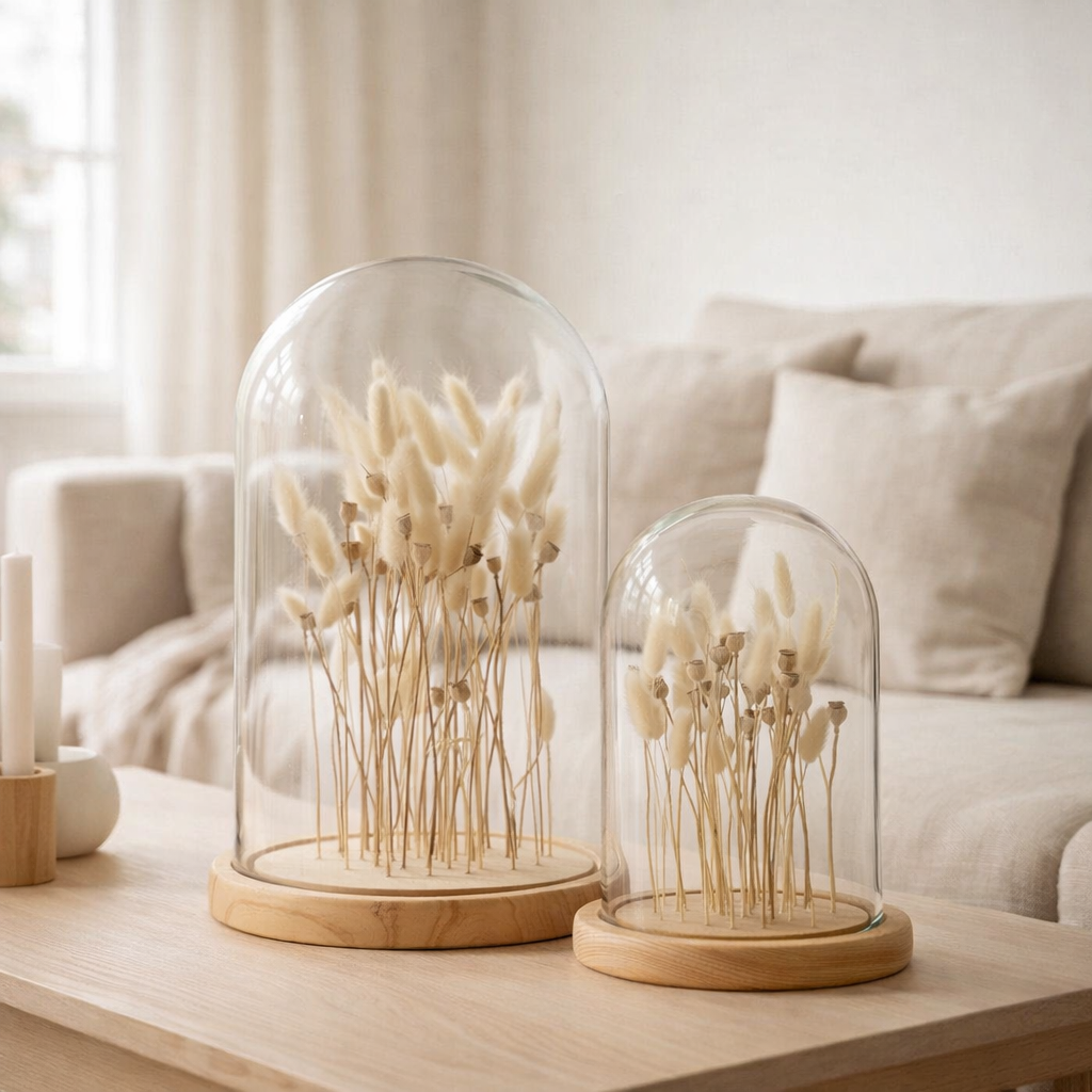 Décoration j -line stolp fleur sèche - verre / bois - ecru / brun - grand en situation