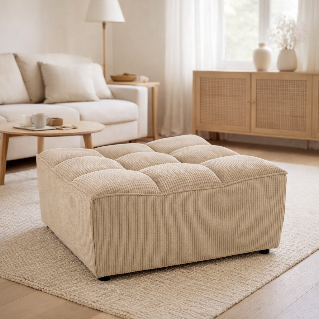 Pouf J-Line Grid Bois de Peuplier/Mousse Beige Foncé en situation