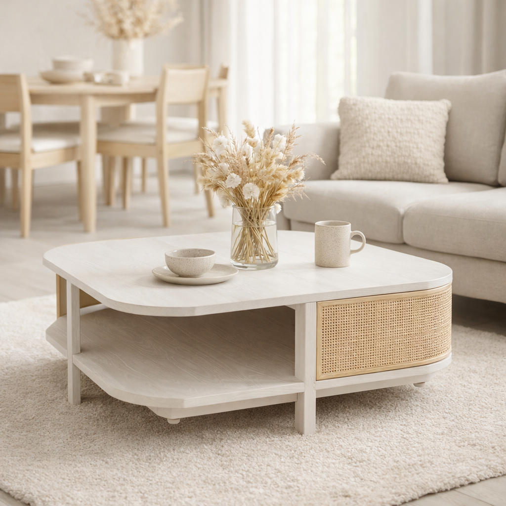 J-Line Table Basse Molly Bois Exotique/Rotin Blanc en situation