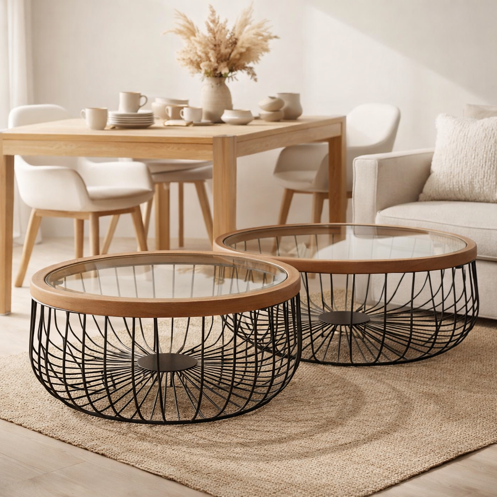 J-Line Lot de 2 Tables Basses Rondes Métal/Verre Noir - 100 x 100 x 45 cm en situation