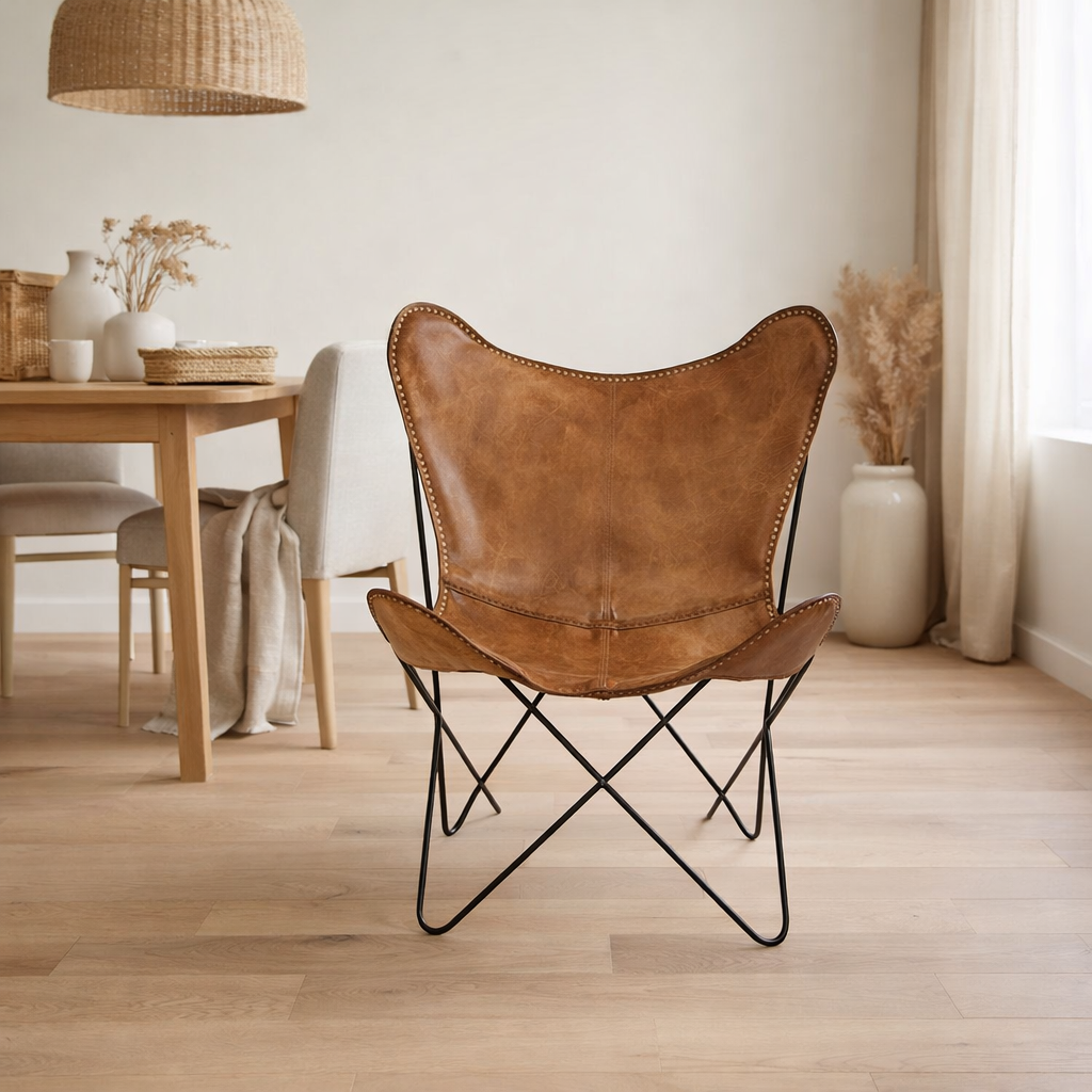 Chaise longue d'intérieur J-Line - cuir/métal - cognac en situation