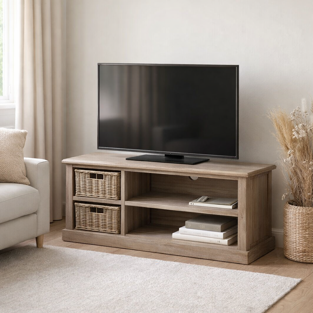 J -Liline TV Cabinet + 2 panier - Wood - Gray / Naturel en situation