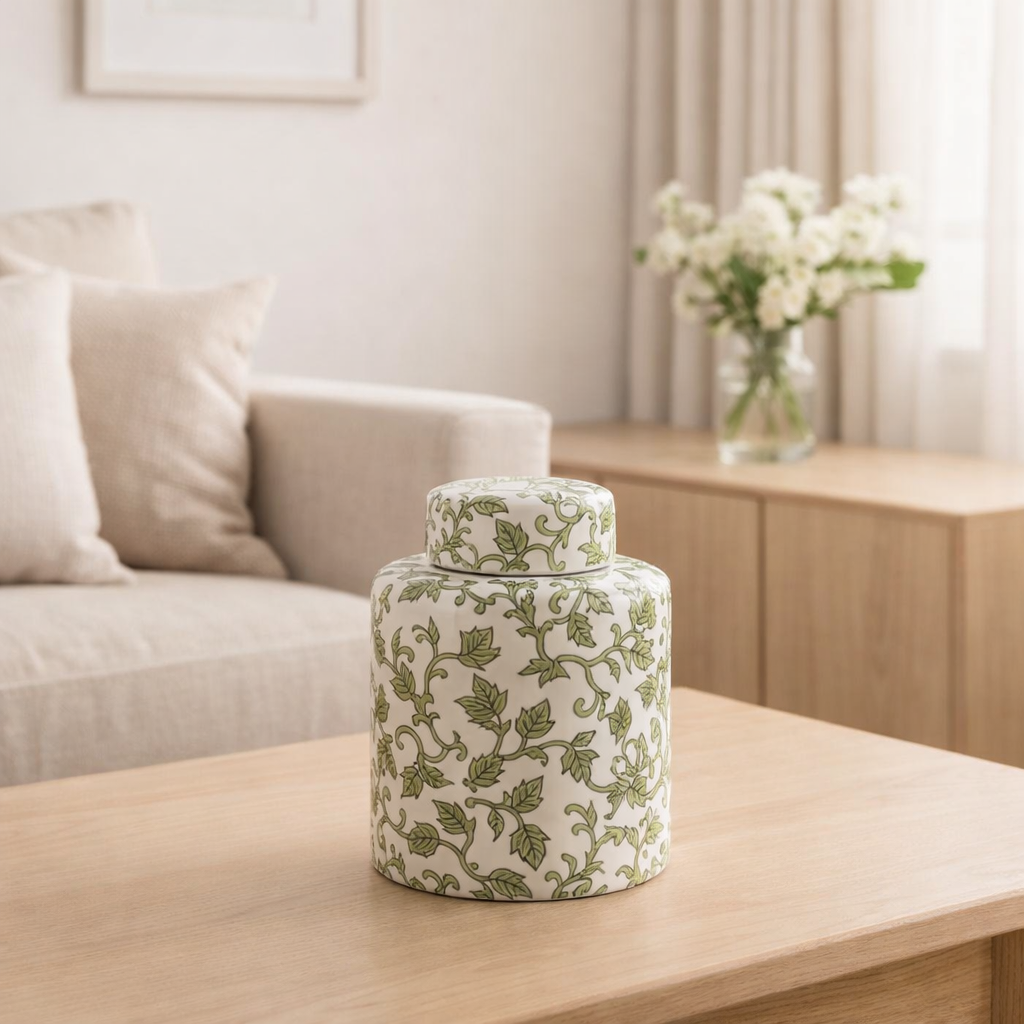 J-Line Boîte Décorative Yezi Porcelaine Vert/Blanc Small en situation