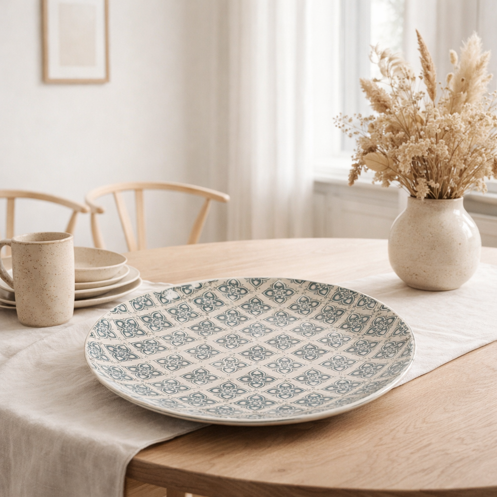 J -Liline Plate décorative Kousa - Porcelaine - Bleu / Blanc en situation