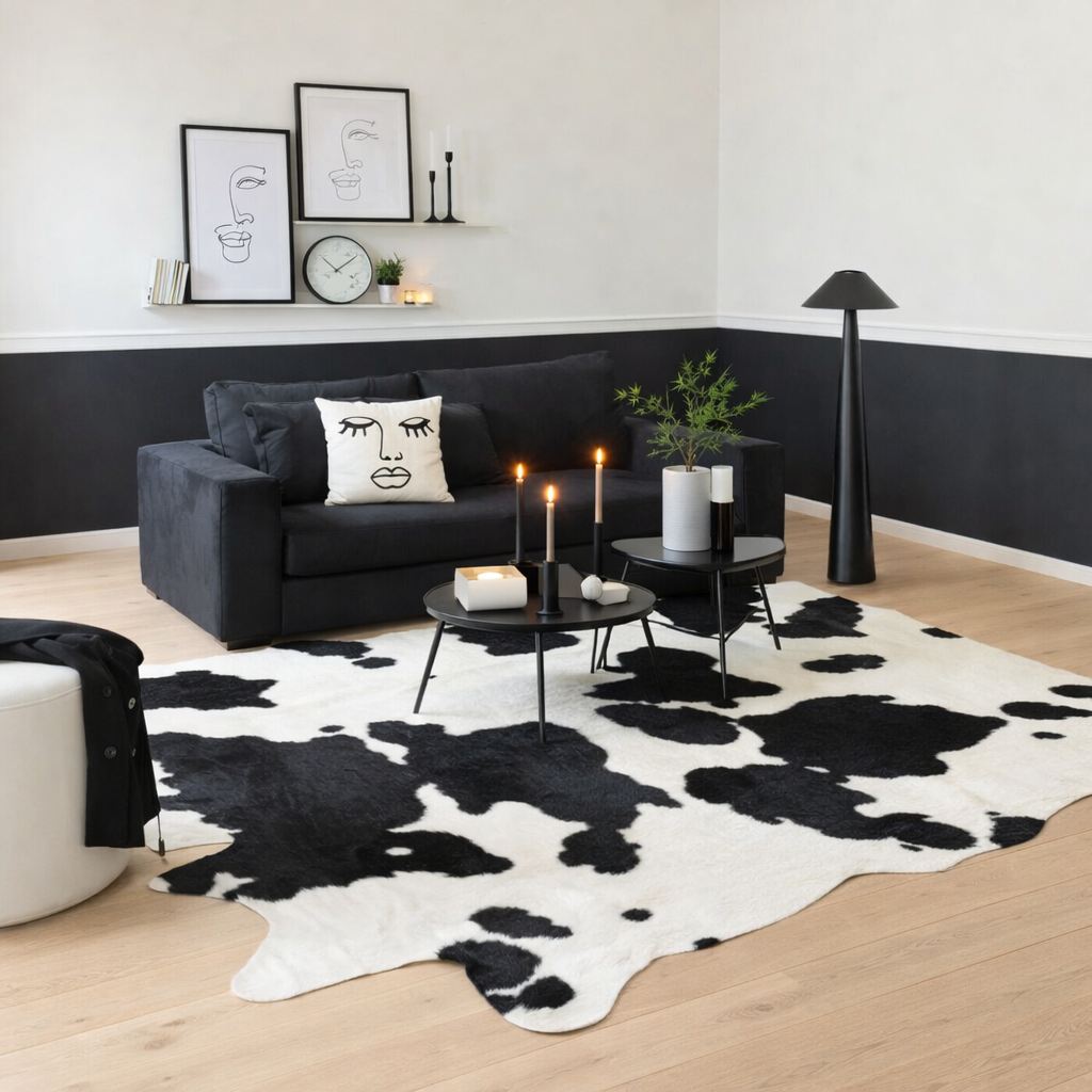 Tapis J-Line Peau de vache - cuir - noir/blanc en situation