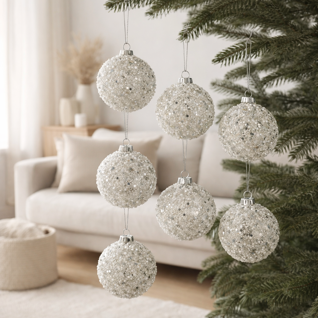 J-Line Boule de Noël Perles + Paillettes - verre - argent/blanc - S - boîte de 6 en situation