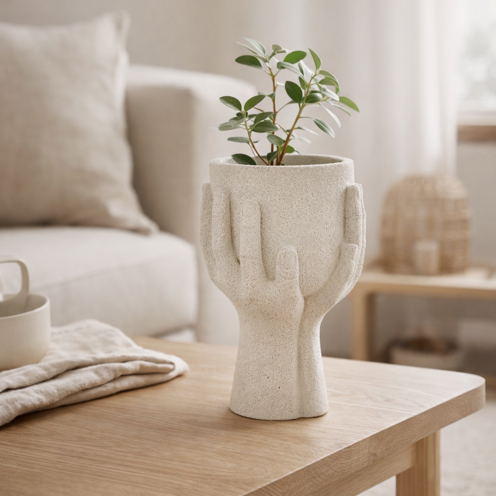 J -line Flowerpot Hands - Ciment - White - Small - Ø 11 cm en situation