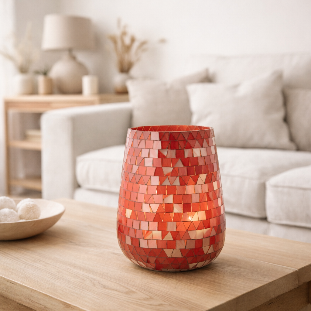 J-Line Lanterne Mosaïque Triangle Verre Rouge/Rose Large en situation