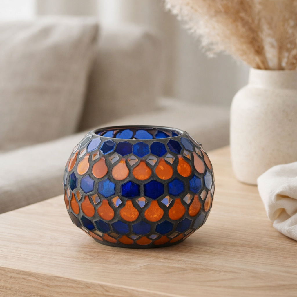 J-Line Photophore Mosaïque Goutte Verre Orange/Bleu Petit en situation