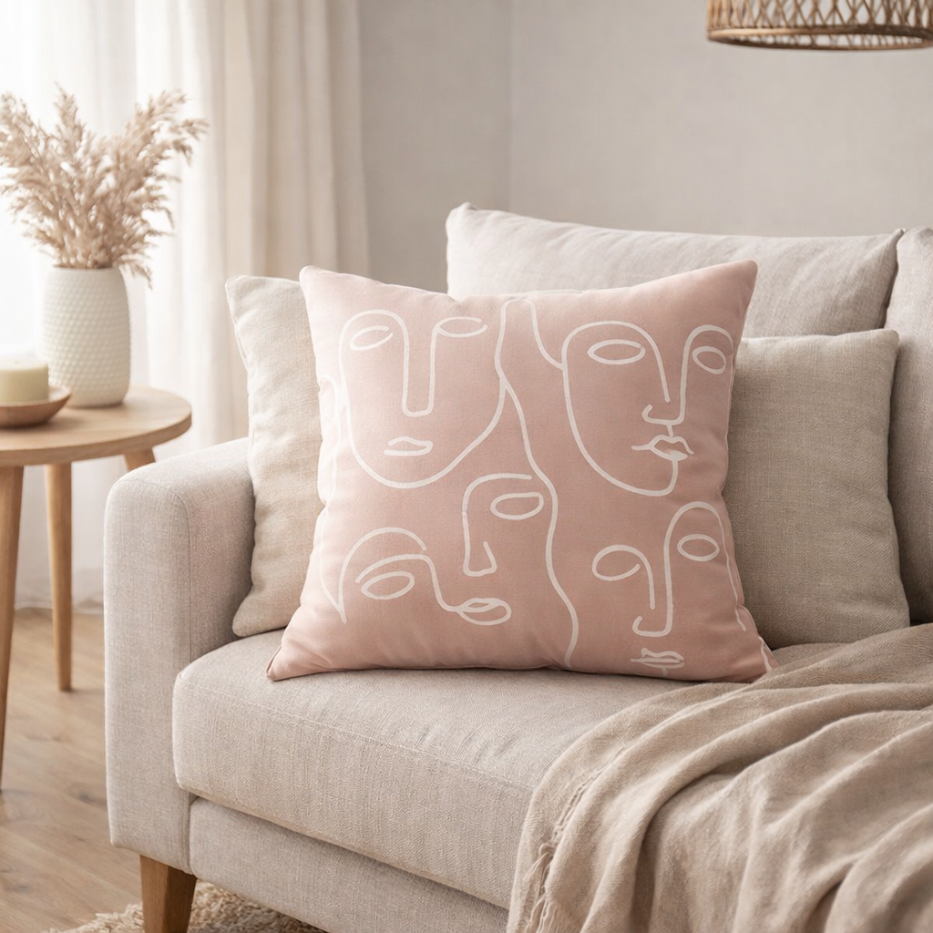J-Line coussin Abstract Faces - coton - rose clair/blanc en situation