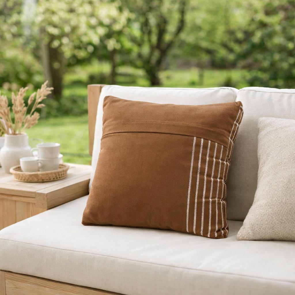 J-Line coussin Lines Outdoor - polyester - marron/blanc en situation