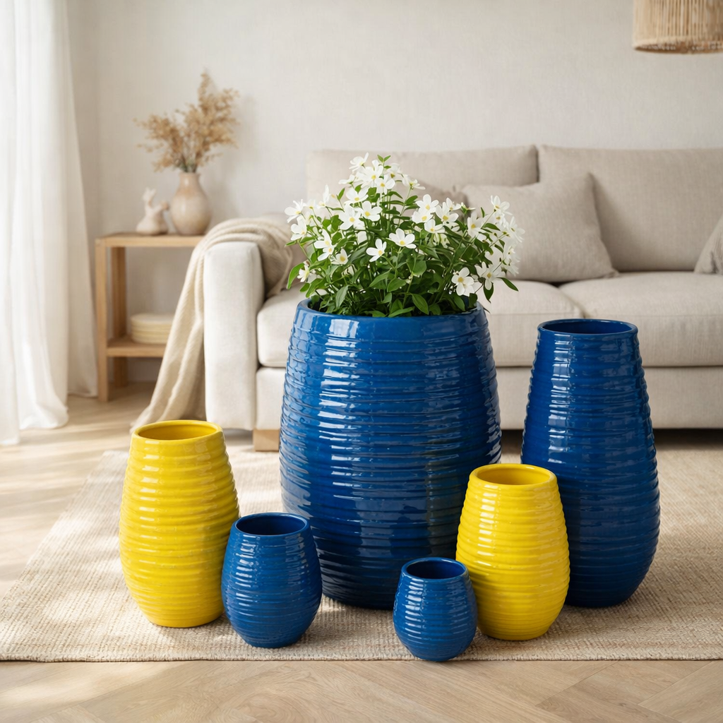 J -line Flowerpot Fiesta - Céramique - Bleu - Grand - Ø 44 cm en situation