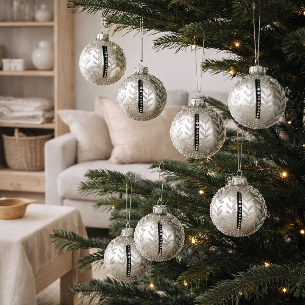 J-Line Boîte de 6 Boules de Noël Feuilles Verre Pailleté Argent Brillant Small en situation