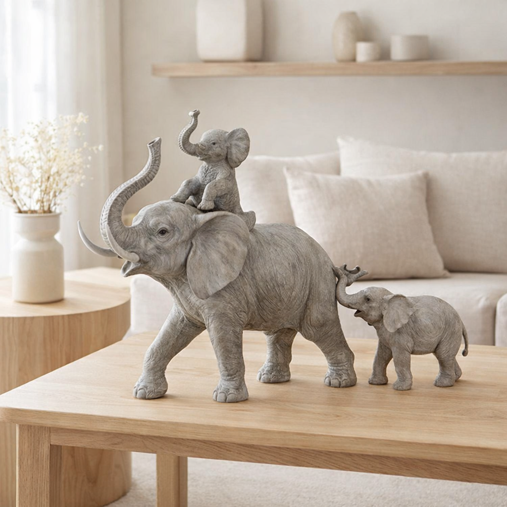 J -Liline Figure Elephant debout avec l'enfant au dos - Polyresin - Gray en situation