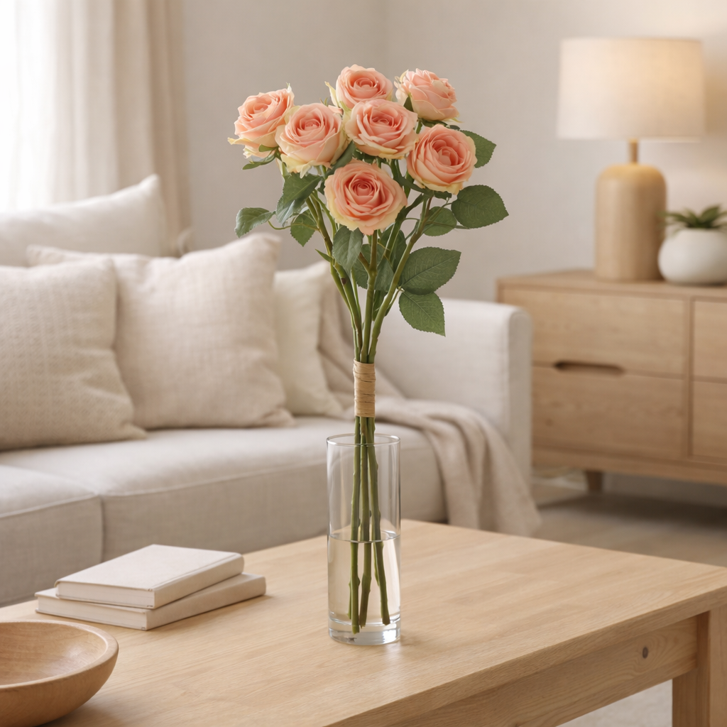 Rose bouquet J-Line 12 têtes - plastique - rose clair en situation