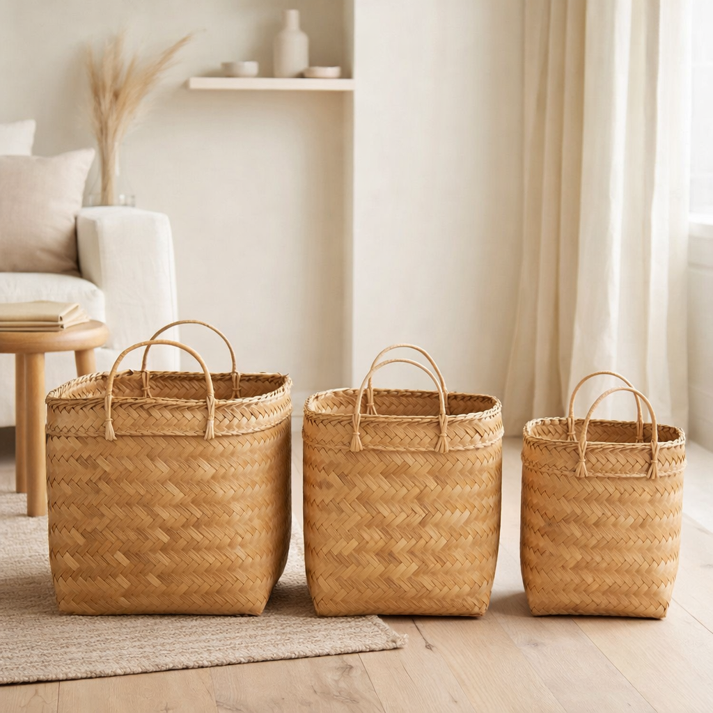 Panier J-Line Square - rotin - naturel - lot de 3 en situation