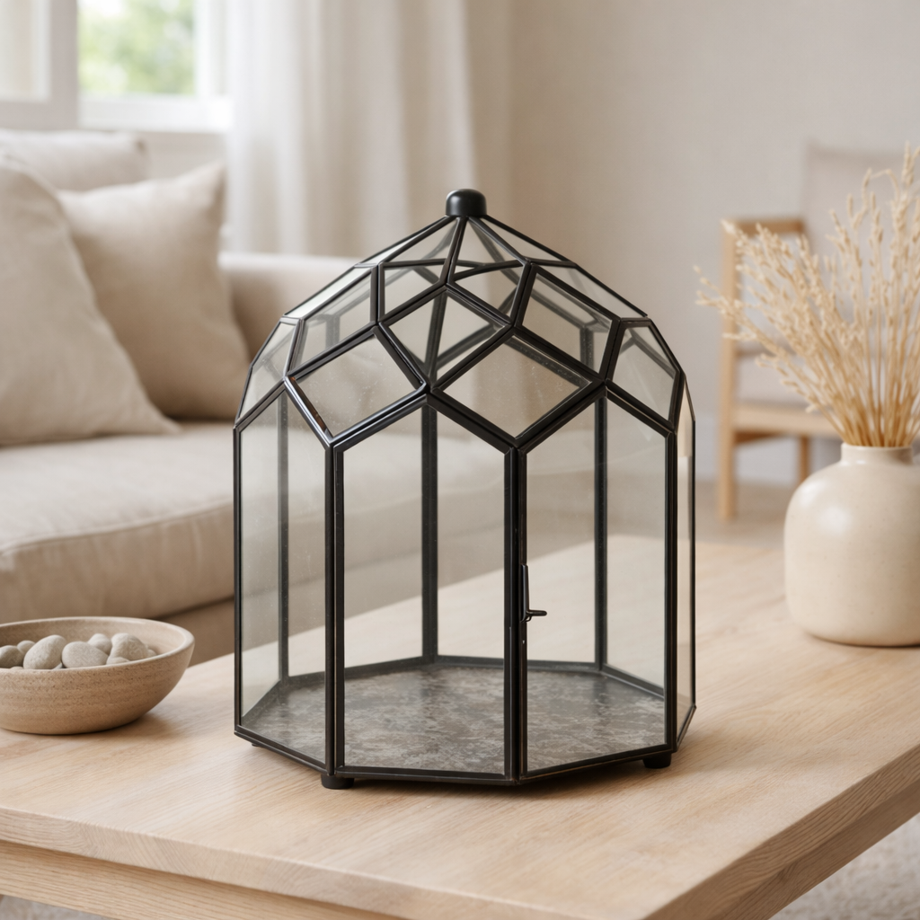 J -line terrarium - verre / métal - noir - petit - Ø 23 cm en situation