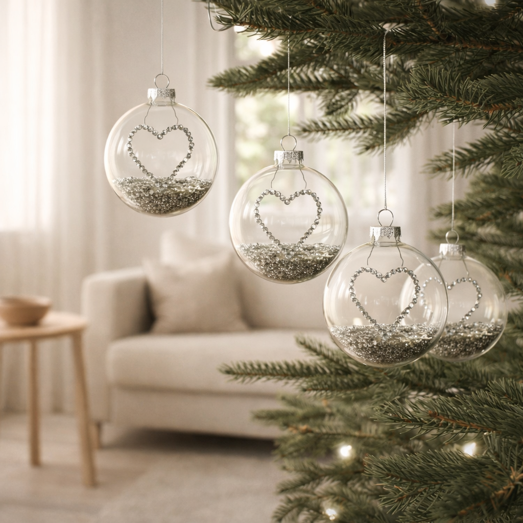 J-Line Boite De 4 Boules De Noël Coeur Strass Argent Etoiles Glass Ready Medium - CO en situation