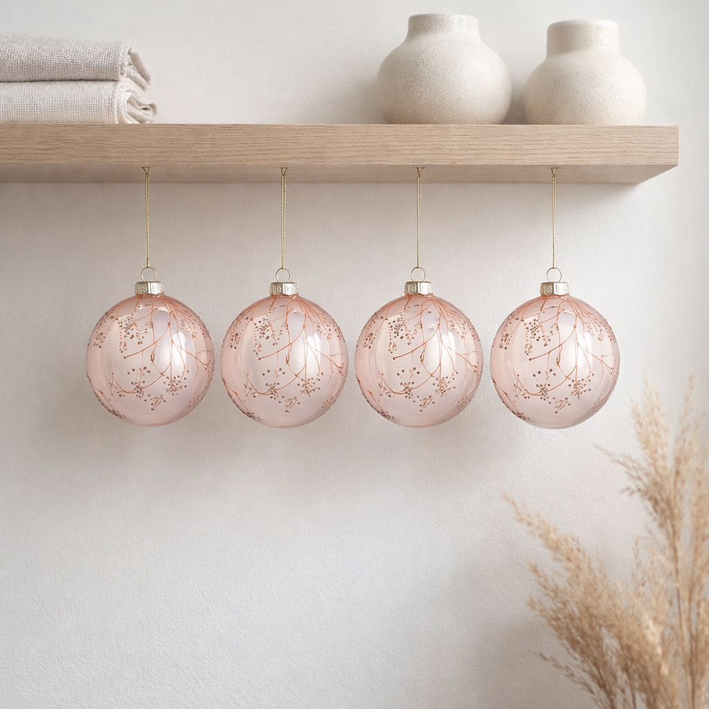 J-Line Boule de Noël Branches - verre - rose clair - grand - boîte de 4 en situation