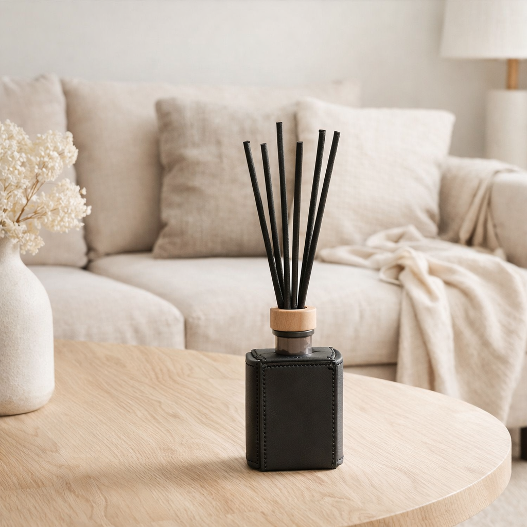 J -Liline Fragrance Huile + Sticks - Black Diamond - Leather - Black - 100ml en situation