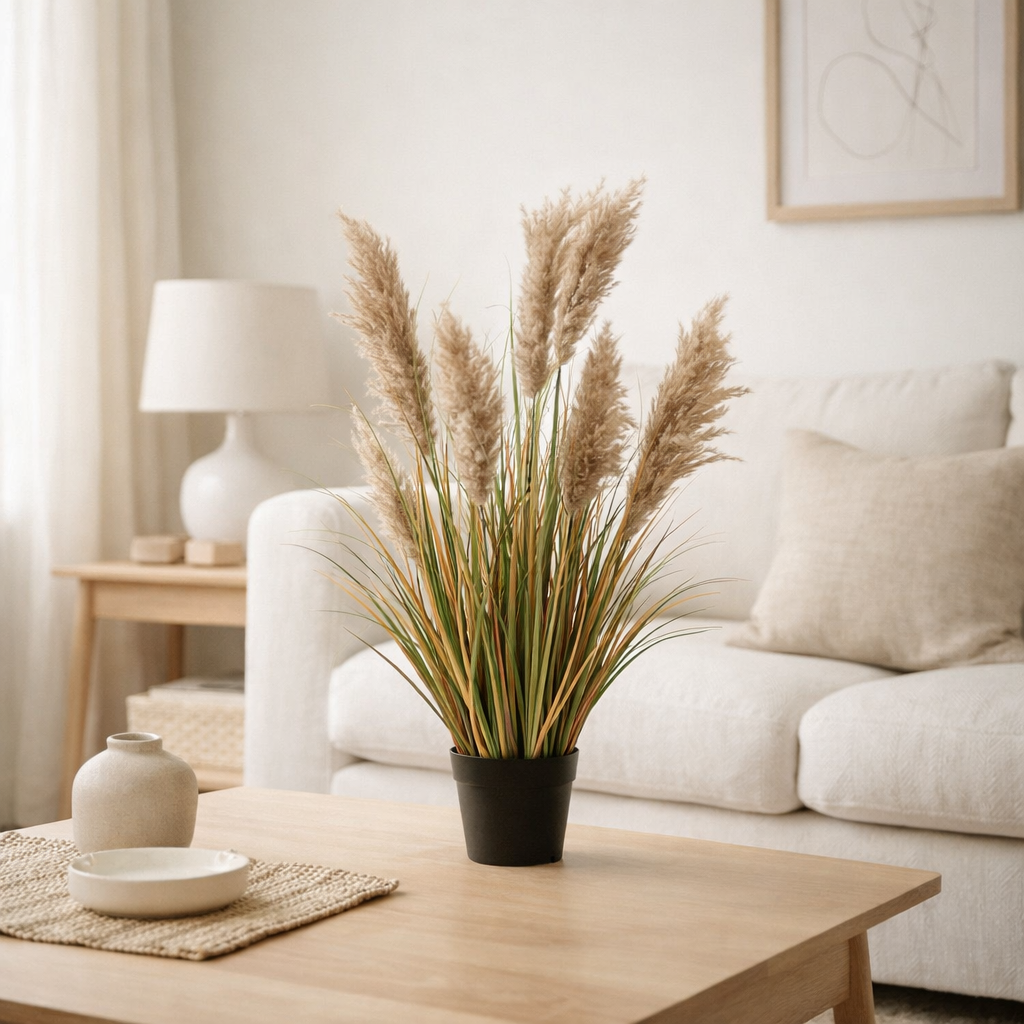 J-Line herbe de pampa 7 têtes en pot - plastique - vert/beige - petit en situation