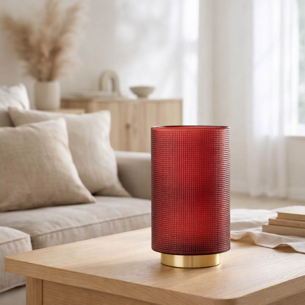 Lanterne J-Line Checked - bougeoir - verre - rouge/or - grand en situation