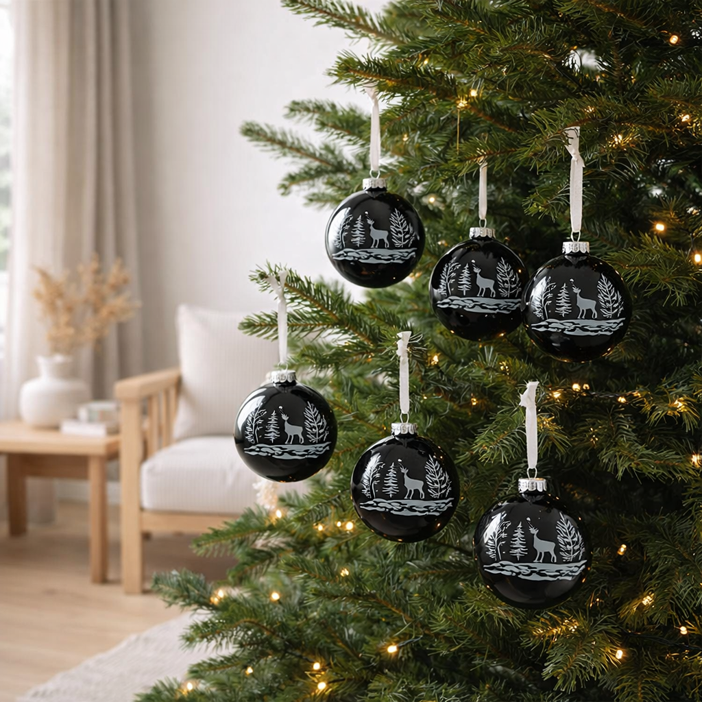 Boule de Noël J-Line Renne - verre - noir/blanc - boîte de 6 en situation
