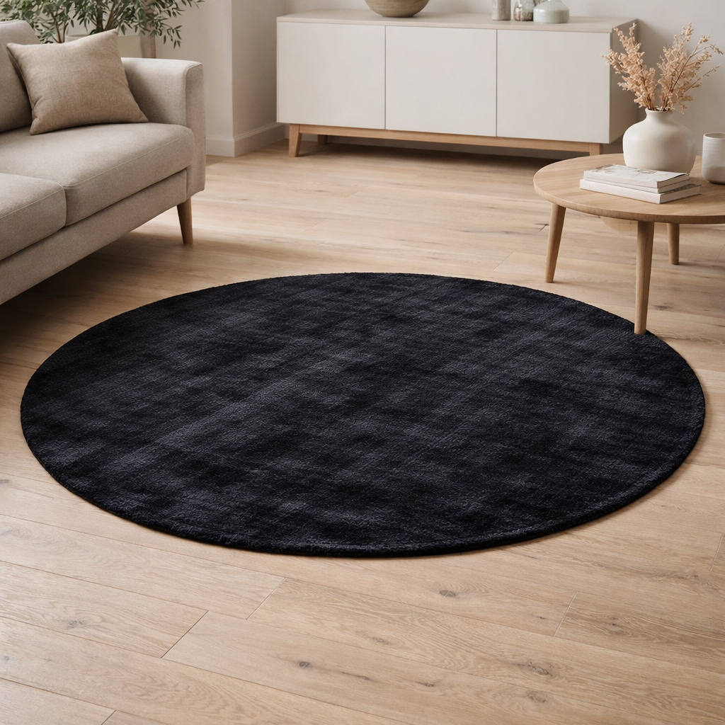 Tapis J-Line Rond Fait Main - viscose - noir en situation