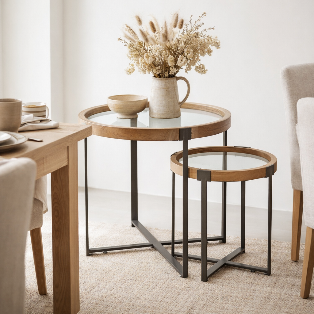 J-Line Lot de 2 Tables Basses Mine Verre/Bois de Sapin Naturel/Noir en situation