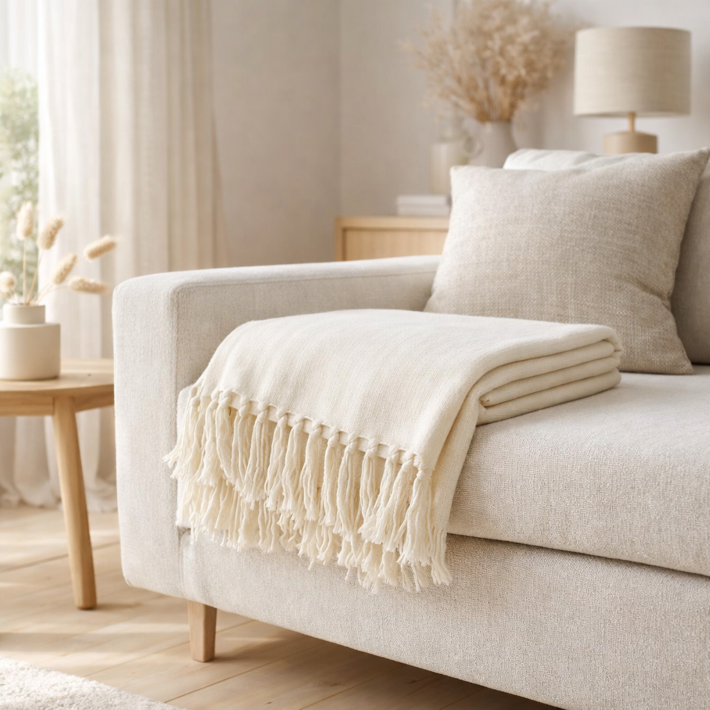 J-Line Plaid franges - coton - écru - 180 x 130 cm en situation