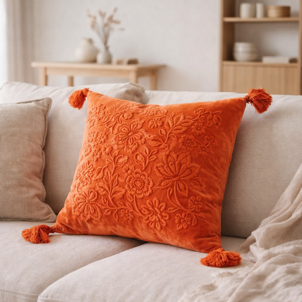 J-Line coussin Carré Fleurs + Pompons - velours - orange en situation