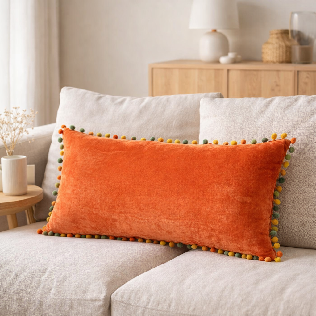 Coussin J-Line Rectangle Fleurs + Pompons - velours - orange en situation