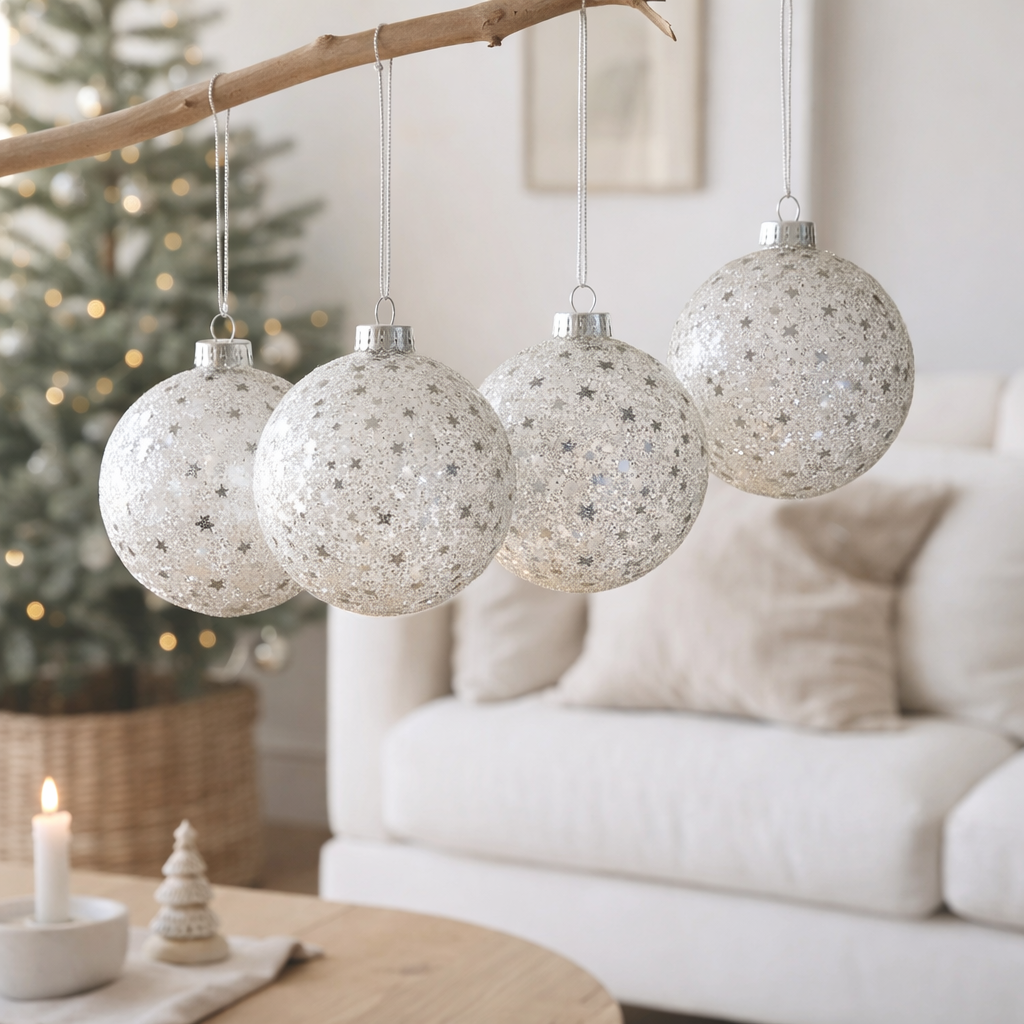 J-Line Boule de Noël Etoiles - verre - argent - grand - boîte de 4 en situation