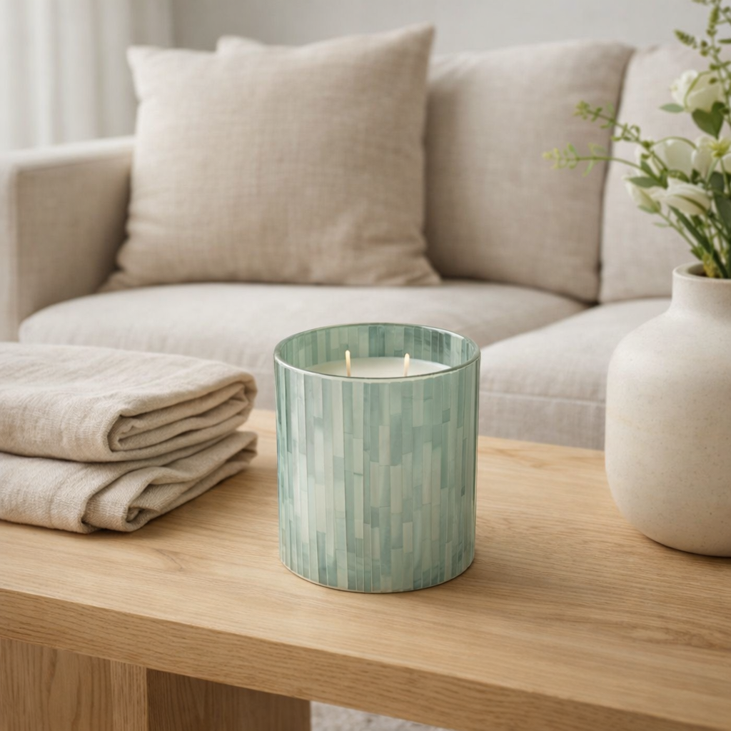 Bougie parfumée J-Line Noa - Seaside Bliss - verre - bleu clair - M - 55U en situation
