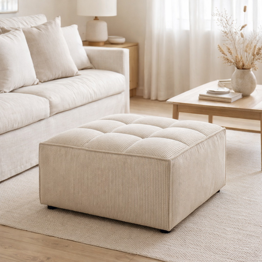 Pouf J-Line Grid Bois de Peuplier/Mousse Beige en situation