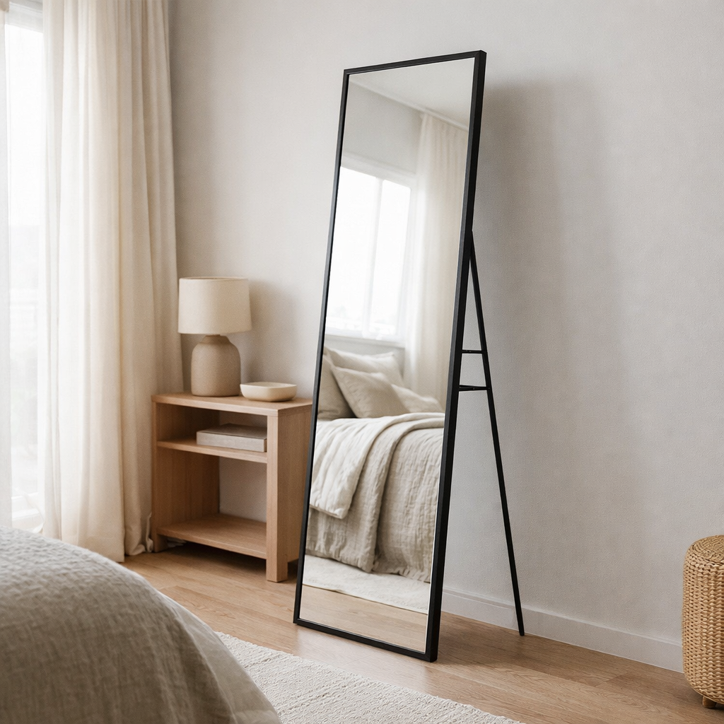 Miroir J -line sur le rectangle du pied - Verre / Metal - Black - 55 x 150 cm en situation