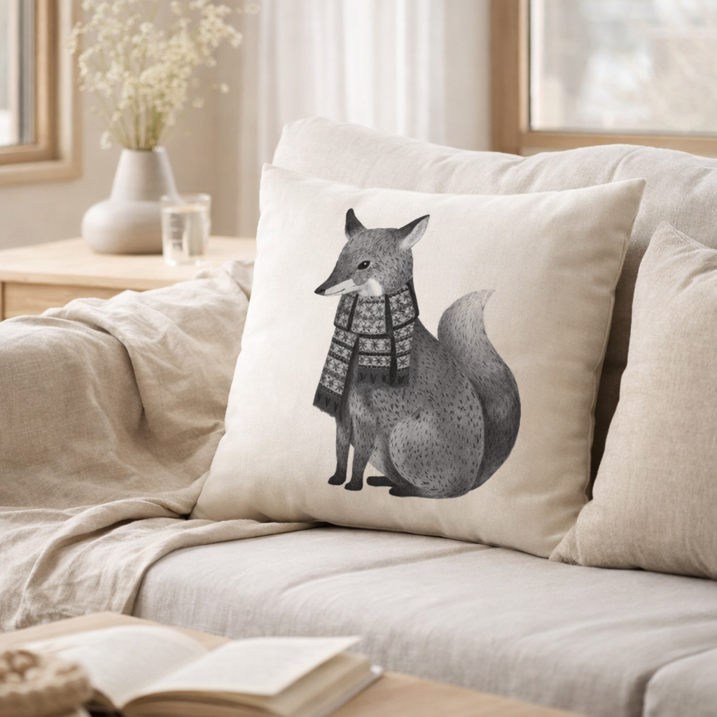 J-Line Coussin Renard Avec Écharpe Velours Blanc/Noir en situation
